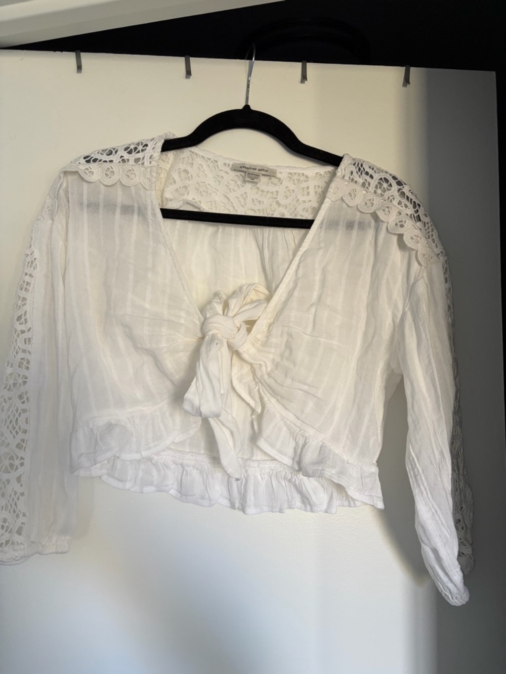American Eagle Outfitters White Lace-Trim Tie-Front Blouse